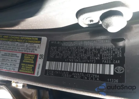 2020 Toyota Camry Xse Awd из США, поврежденный, VIN 4T1K61BK5LU014173